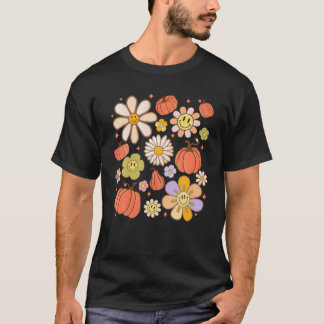 Groovy Pumpkin Daisy Flower Smile Face Herfst Beda T-shirt