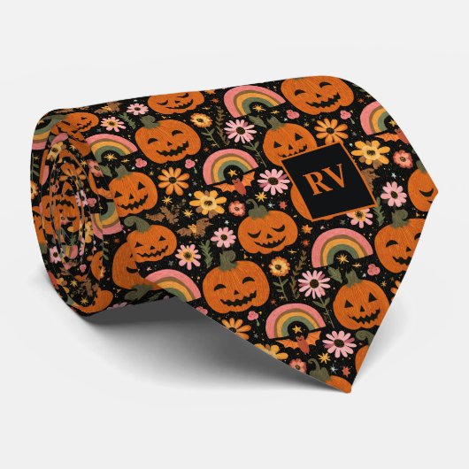 Groovy Pumpkin Magic Halloween Monogrammed Stropdas (Opgerold)