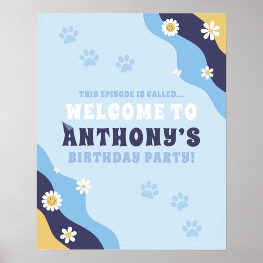 Groovy Puppy Welcome Sign Poster Birthday Blue (Voorkant)