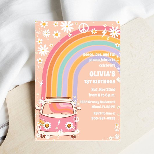 Groovy Rainbow 1e Verjaardagsuitnodiging Kaart