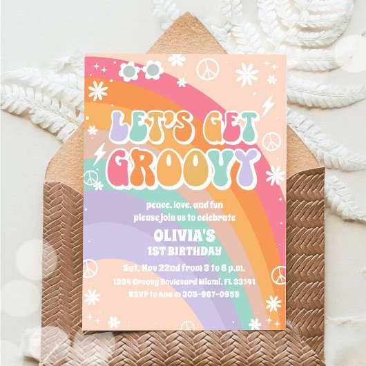 Groovy Rainbow 1e Verjaardagsuitnodiging Kaart