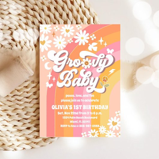 Groovy Rainbow 1st Birthday Invitation Kaart