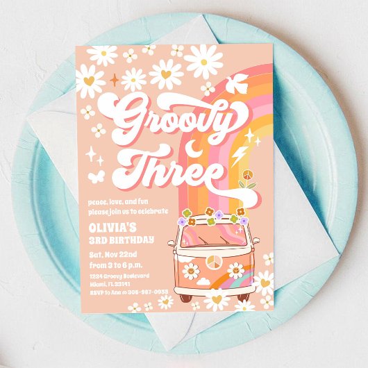 Groovy Rainbow 3e Verjaardagsuitnodiging Kaart