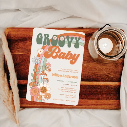 Groovy Rainbow Baby shower nodigt Retro uit Kaart