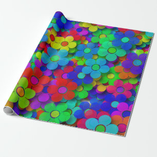 Groovy Rainbow Flowers Blue Cadeaupapier