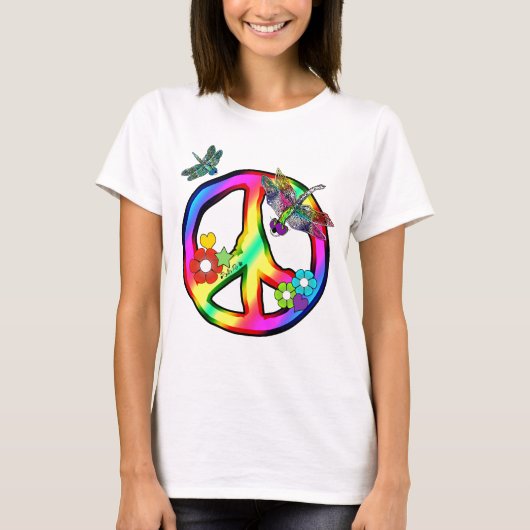 GROOVY RAINBOW PEACE SIGN DRAGONFLY TSHIRT (Voorkant)