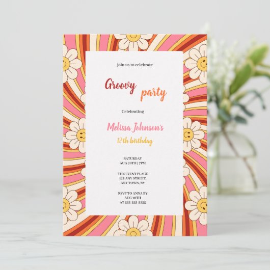 groovy red,orange,pink,yellow birthday with flower kaart (Staand voorkant)