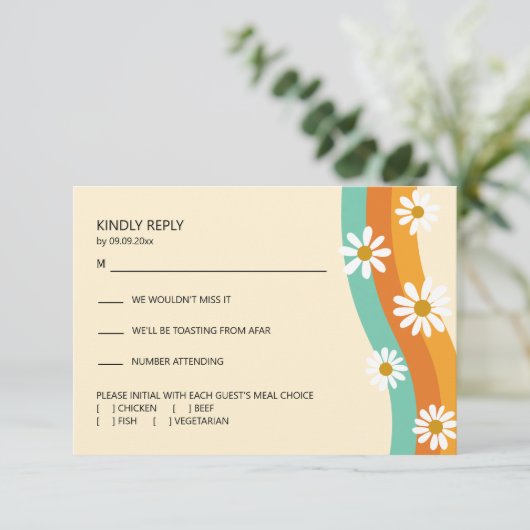 Groovy Regenboog 1970s Stijl Boho Madeliefjes Brui RSVP Kaartje (Staand voorkant)