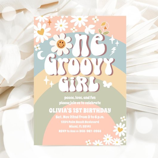 Groovy Regenboog Daisy 1e Verjaardag Kaart