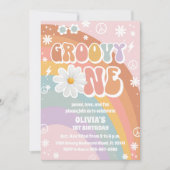 Groovy Regenboog Eerste Verjaardagsuitnodiging Kaart (Voorkant)