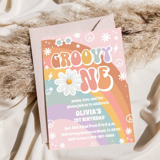 Groovy Regenboog Eerste Verjaardagsuitnodiging Kaart