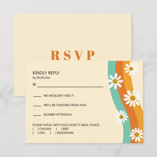 Groovy Regenboog jaren '70 Stijl Boho Daisy Bruilo RSVP Kaartje (Voorkant / Achterkant)