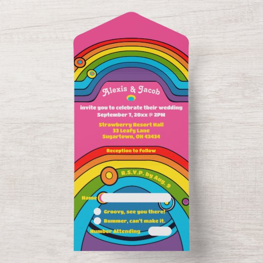 Groovy Regenboog Retro 70's Bruiloft Kleurrijke Fu All In One Uitnodiging (Binnen)