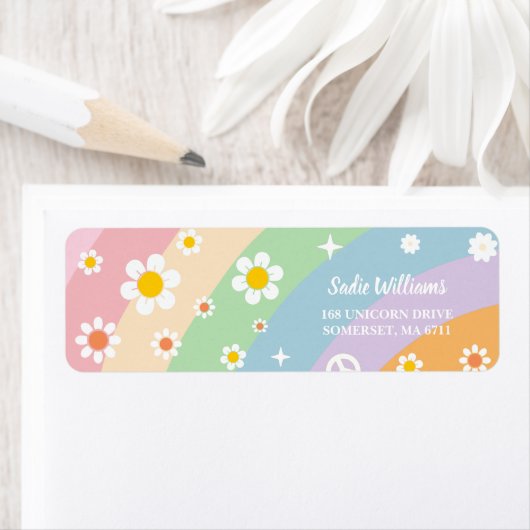 Groovy Regenboog Retro Daisy Verjaardagsfeest Etiket (Insitu)