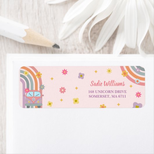 Groovy Regenboog Retro Daisy Verjaardagsfeest Etiket (Insitu)