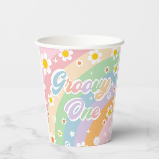 Groovy Regenboog Retro Daisy Verjaardagsfeest Papieren Bekers (Achterkant)