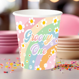 Groovy Regenboog Retro Daisy Verjaardagsfeest Papieren Bekers