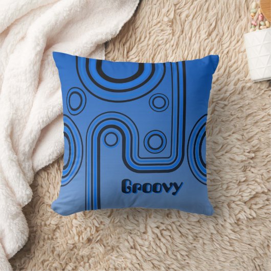 Groovy Retro 1960s Linear Design Blauw en Zwart Kussen (Deken)