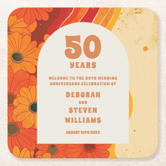 Groovy Retro 50e bruiloft Jubileum Kartonnen Onderzetters (Voorkant)