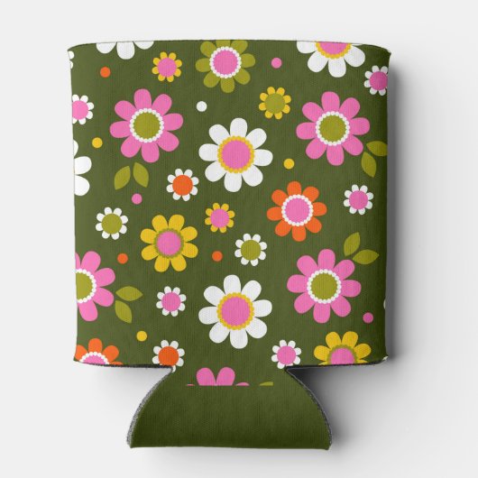 Groovy Retro 60er jaren Bloemen Olijfgroene Bruilo Blikjeskoeler (Achterkant)