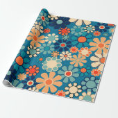 Groovy Retro 60s 70s Bloemenpatroon Cadeaupapier (Uitgerold)