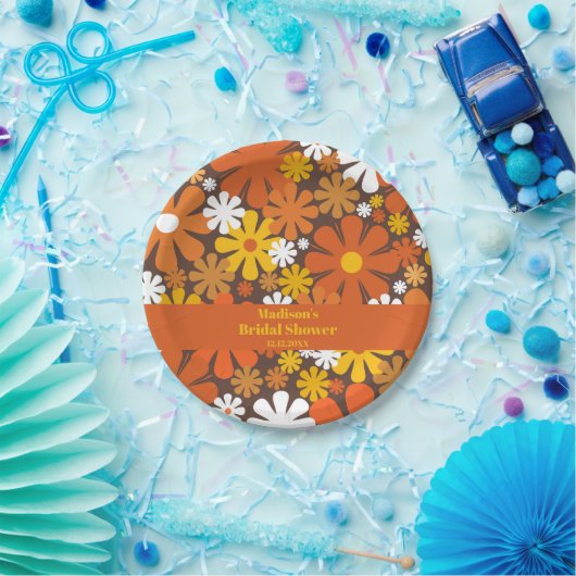 Groovy Retro 60s 70s Bloempatroon Bruin Sinaasappe Papieren Bordje (Feest)