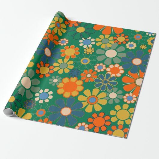 Groovy Retro 60s 70s Hippie Bloemenpatroon Cadeaupapier (Uitgerold)