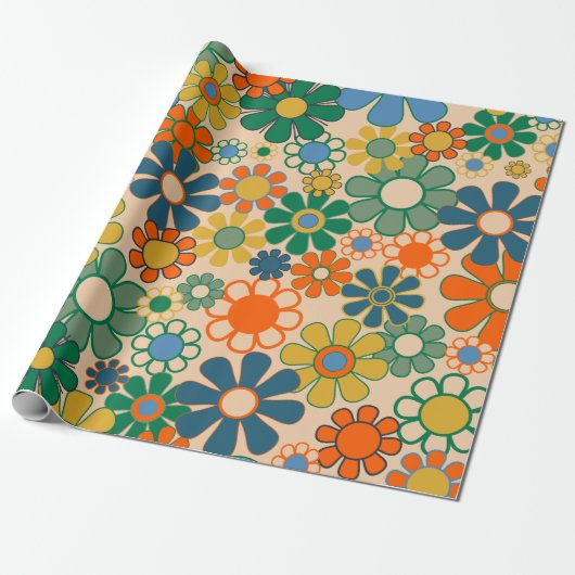 Groovy Retro 60s 70s Hippie  Bloemenpatroon Cadeaupapier (Uitgerold)