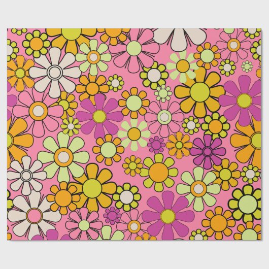 Groovy Retro 60s 70s Hippie Roze Bloemen Patroon Cadeaupapier (Vlak)