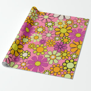 Groovy Retro 60s 70s Hippie Roze Bloemen Patroon Cadeaupapier