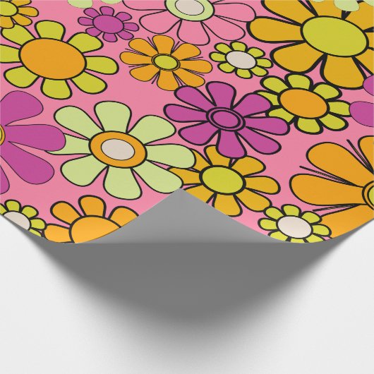 Groovy Retro 60s 70s Hippie Roze Bloemen Patroon Cadeaupapier (Hoek)
