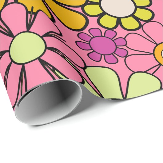 Groovy Retro 60s 70s Hippie Roze Bloemen Patroon Cadeaupapier (Rol Hoek)