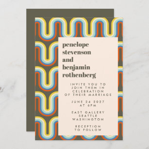 Groovy Retro 60s 70s Line Art Olive Green Wedding Kaart