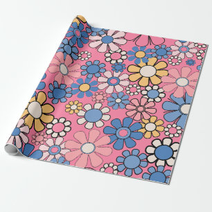 Groovy Retro 60s 70s  Roze Bloempatroon Cadeaupapier