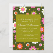 Groovy Retro 60s Flowers Olive Green Baby shower Kaart (Voorkant)