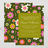 Groovy Retro 60s Flowers Olive Green Baby shower Kaart (Voorkant / Achterkant)