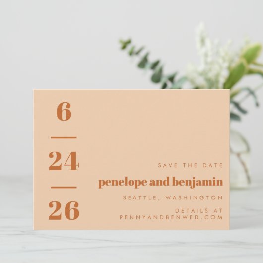 Groovy Retro 70s Aardige Bruine Neutrals Mod Weddi Save The Date (Staand voorkant)