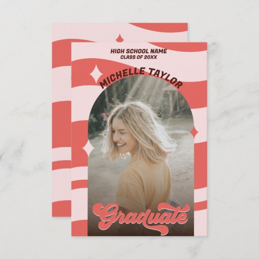 Groovy Retro 70s Afstuderen Roze Rood  Boog Kaart (Voorkant / Achterkant)