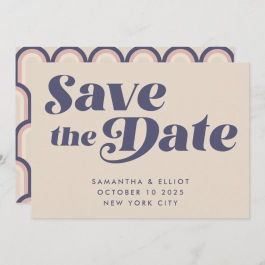 Groovy Retro 70s Beige Navy Blue Simple Save The Date (Voorkant / Achterkant)