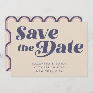 Groovy Retro 70s Beige Navy Blue Simple Save The Date