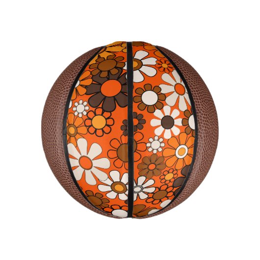 Groovy Retro 70s Bloemen Bruin en Sinaasappel Patr Basketbal (Verticaal)