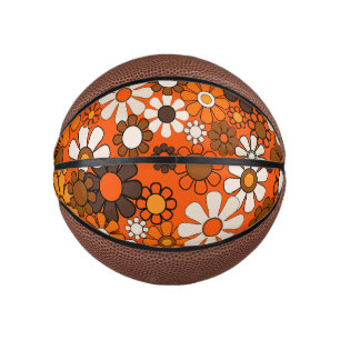 Groovy Retro 70s Bloemen Bruin en Sinaasappel Patr Basketbal