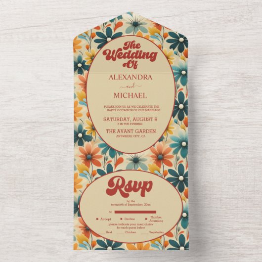 Groovy Retro 70s Bloemenbruiloft All In One Uitnodiging (Binnen)