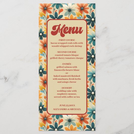 Groovy Retro 70s Bloemenbruiloft Menu (Voorkant)