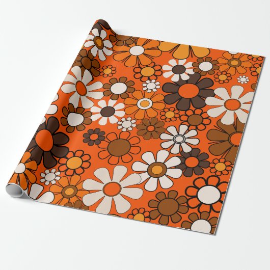 Groovy Retro 70s Bloemenpatroon  Sinaasappel Cadeaupapier (Uitgerold)