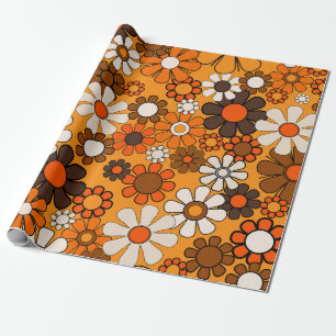 Groovy Retro 70s Bloemenpatroon Sinaasappel Cadeaupapier