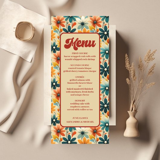 Groovy Retro 70s Bloemige Bruiloft Menu