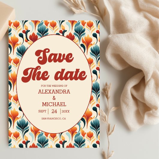 Groovy Retro 70s Bloemige Bruiloft Save The Date