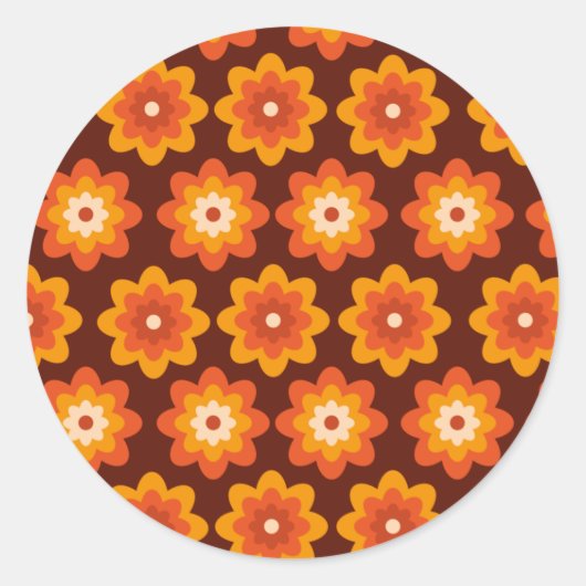 Groovy retro 70s boho hippie orange flower pattern ronde sticker (Voorkant)