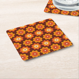 Groovy retro 70s boho hippie oranje bloem patroon kartonnen onderzetters